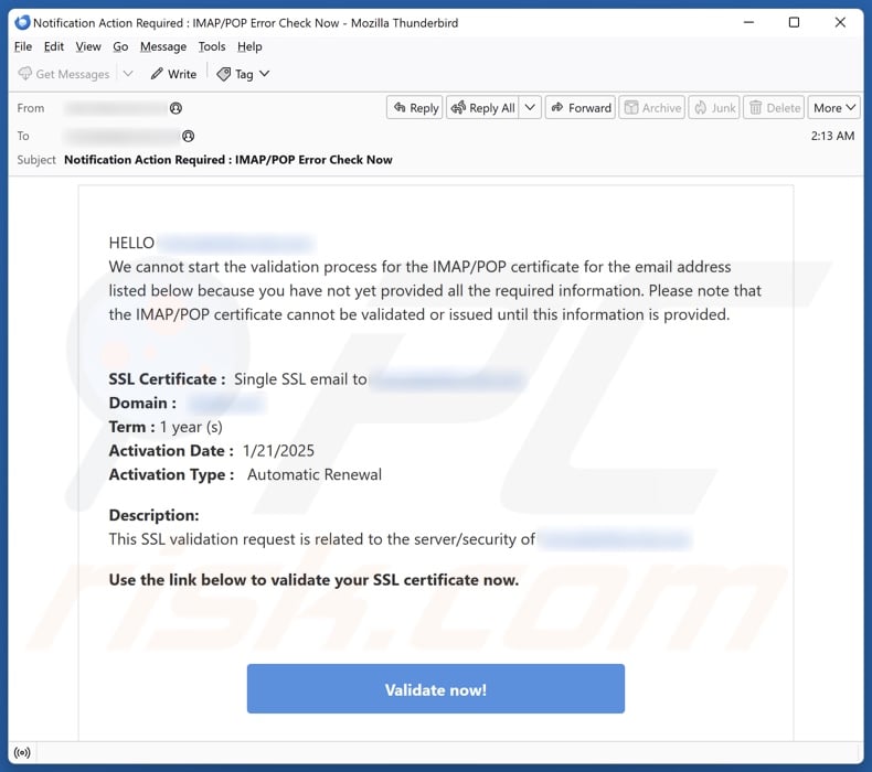 IMAP/POP Certificate Validation email spam campaign