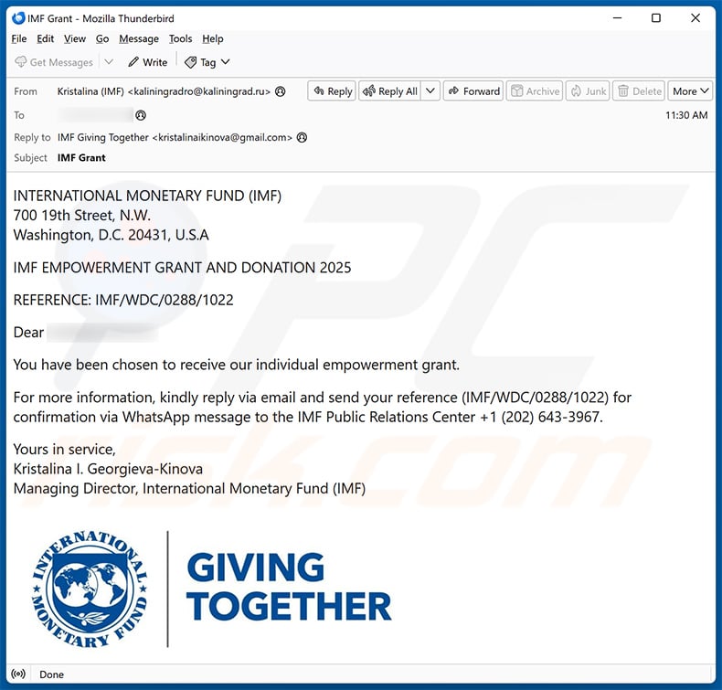 IMF Grant Program email scam (2025-01-14)