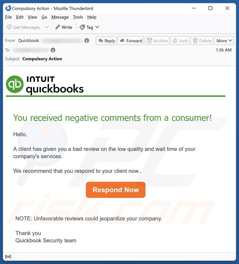 Intuit QuickBooks - Negative Comments From A Consumer email spam campaign