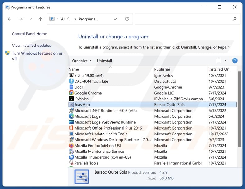 Joas App uninstall via Control Panel