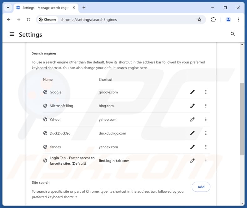 Removing login-tab.com from Google Chrome default search engine