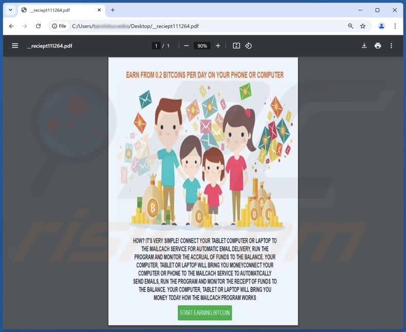 MailCach Bitcoin Earning scam PDF attached to the email