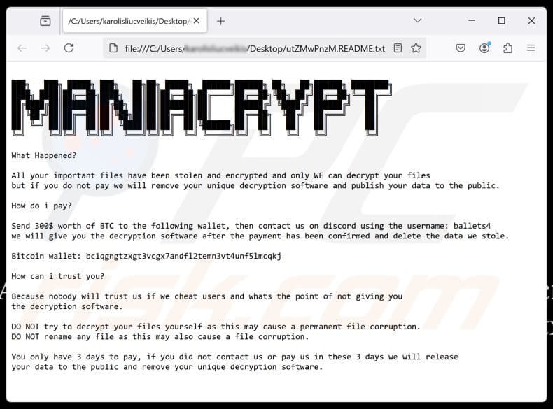 Mania Crypter ransomware text file ([random_string].README.txt)