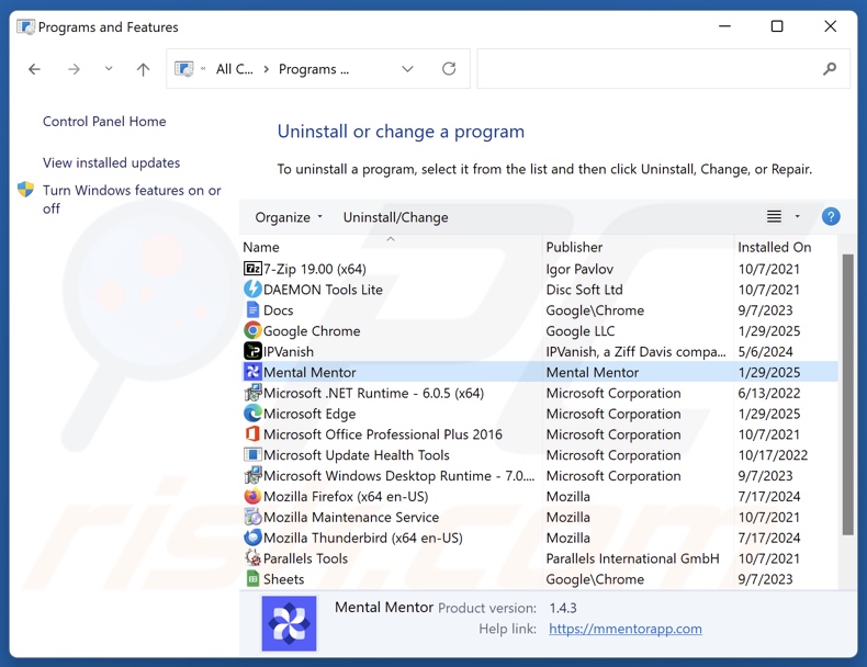 Mental Mentor uninstall via Control Panel