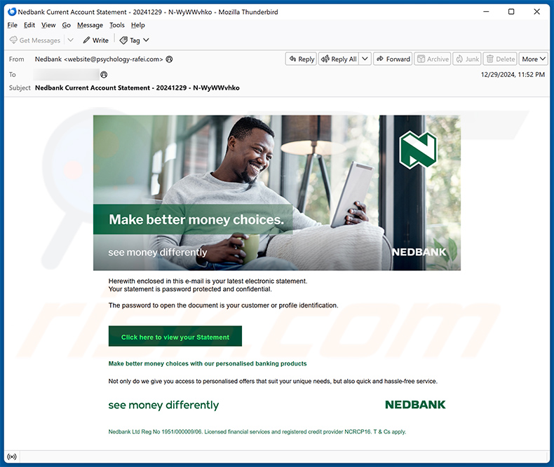 Nedbank-themed email scam promoting a phishing site (2025-01-02)