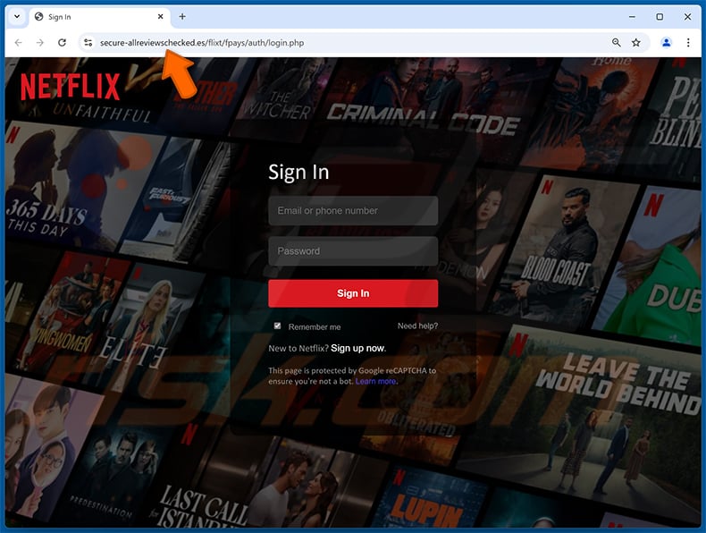 Fake Netflix website - secure-allreviewschecked[.]es - promoted via Netflix-themed email scam (2025-01-02)