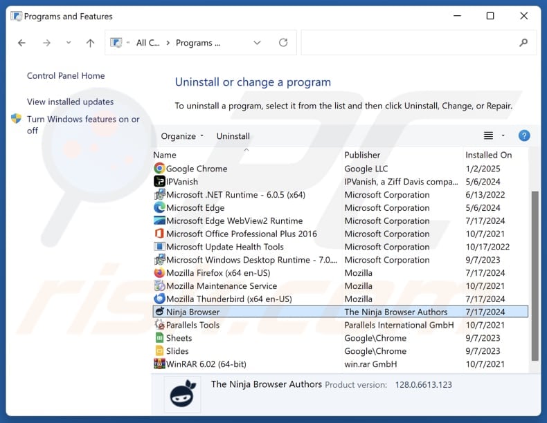 Ninja Browser uninstall via Control Panel