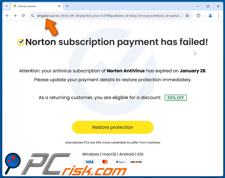 Appearance of Norton Subscription Payment Has Failed scam (GIF)