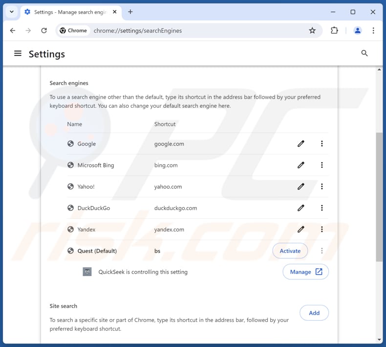 Removing guardflares.com from Google Chrome default search engine