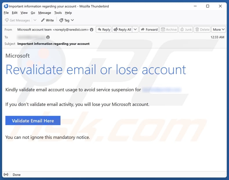 Revalidate Email Or Lose Account email spam campaign