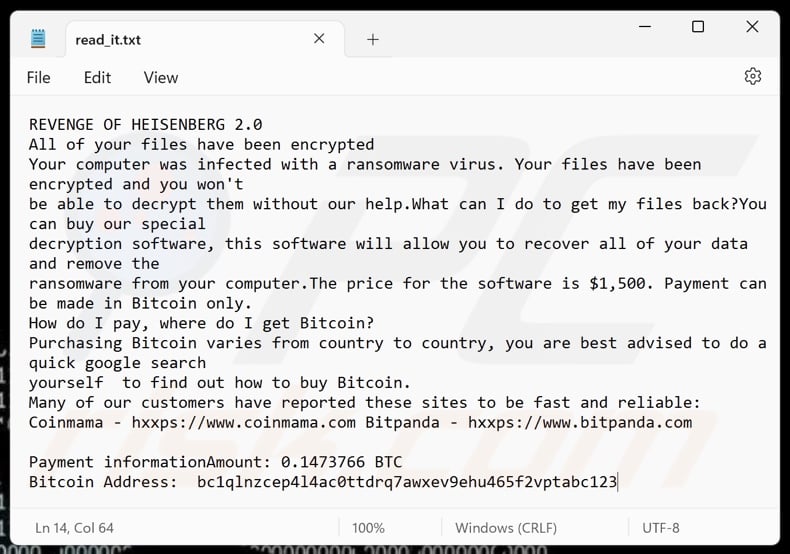 Revenge Of Heisenberg ransomware ransom note variant 2 (read_it.txt)