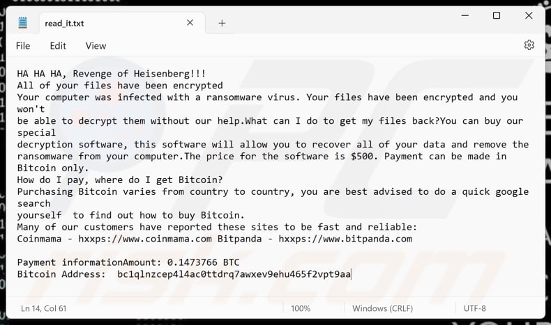 Revenge Of Heisenberg ransomware ransom note variant (read_it.txt)