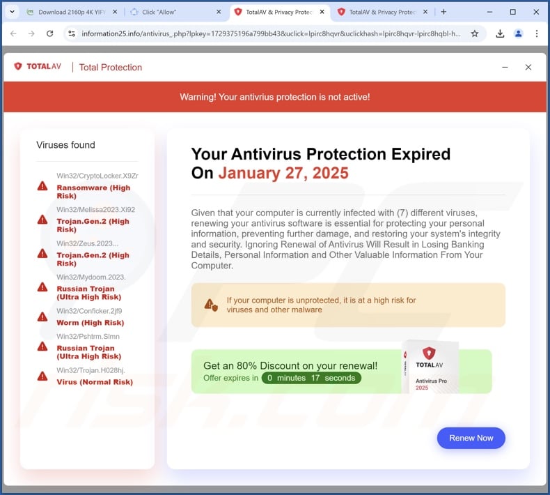 Final threat report displayed by Safety Warning scam (TotalAV variant)