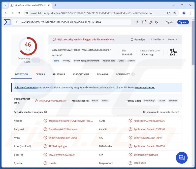 ScarletStealer malware detections on VirusTotal