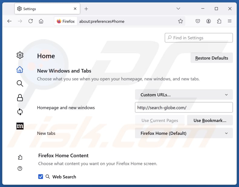 Removing search-globe.com from Mozilla Firefox homepage