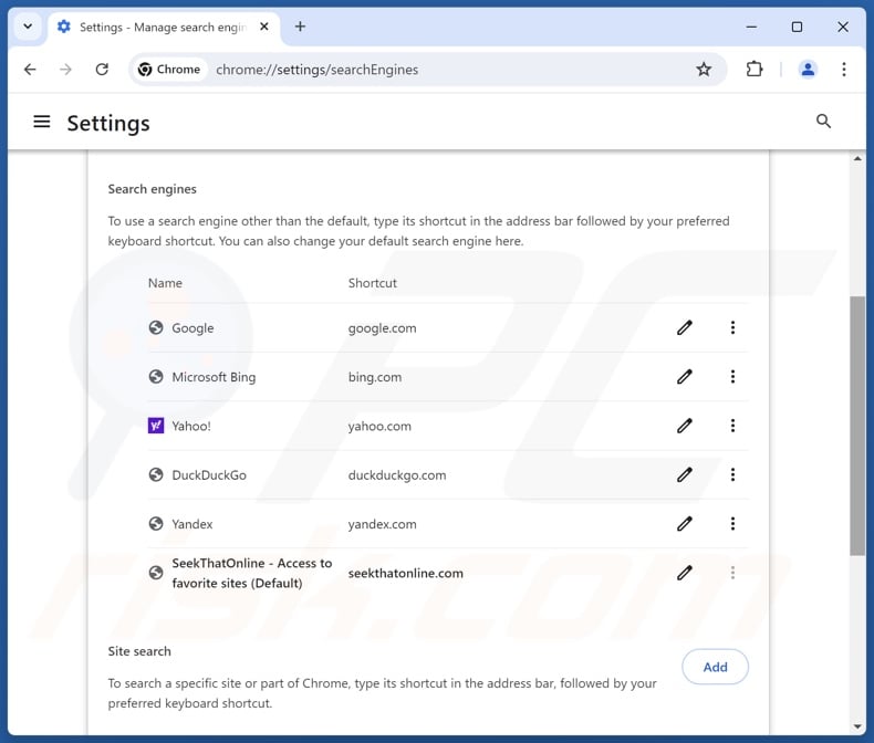 Removing seekthatonline.com from Google Chrome default search engine