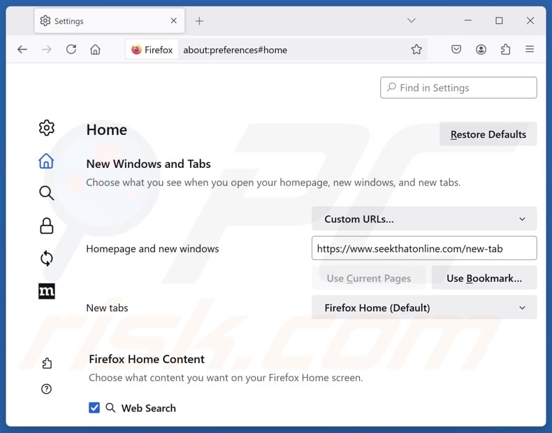Removing seekthatonline.com from Mozilla Firefox homepage