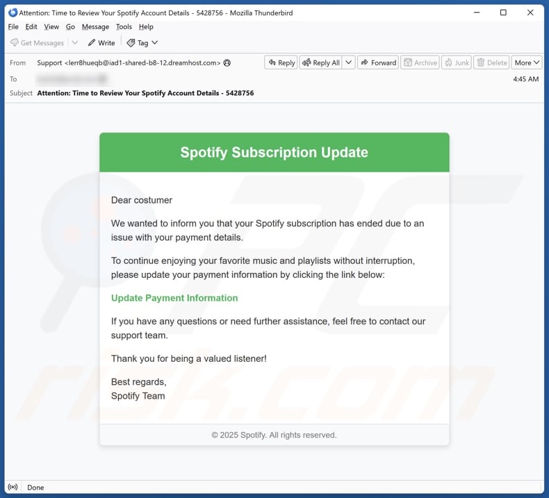 Spotify Subscription Update email spam campaign