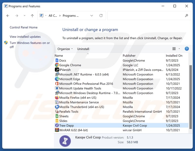 Traw Dapp uninstall via Control Panel
