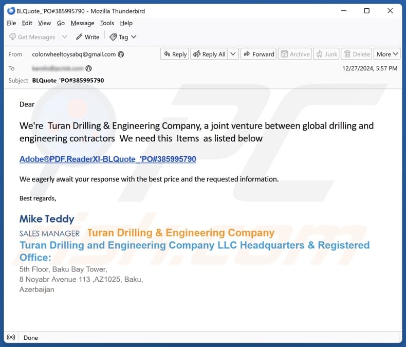 Turan Drilling & Engineering Company email spam campaign