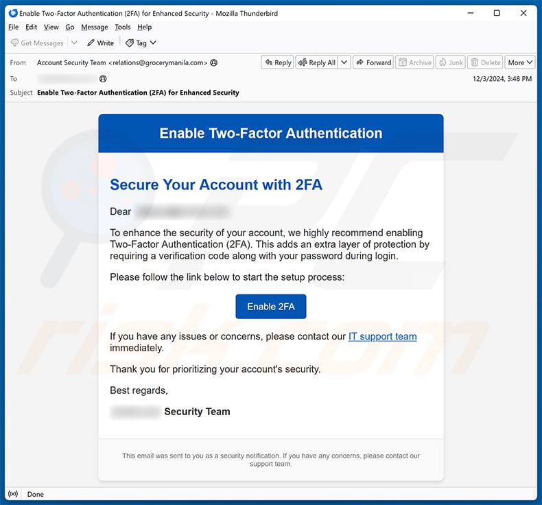 Two-Factor Authentication (2FA) email scam (2025-01-28)