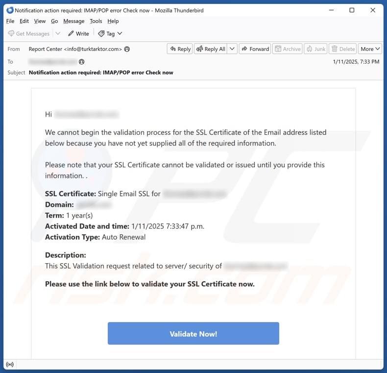 Validation Process For The SSL Certificate email spam campaign