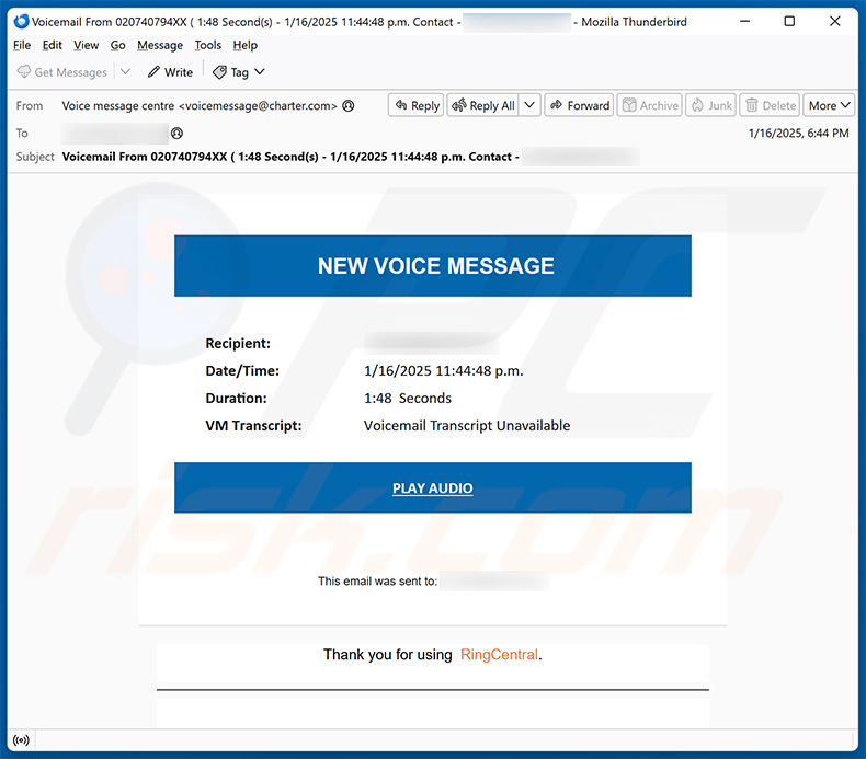 Voicemail Transcript spam email (2025-01-17)