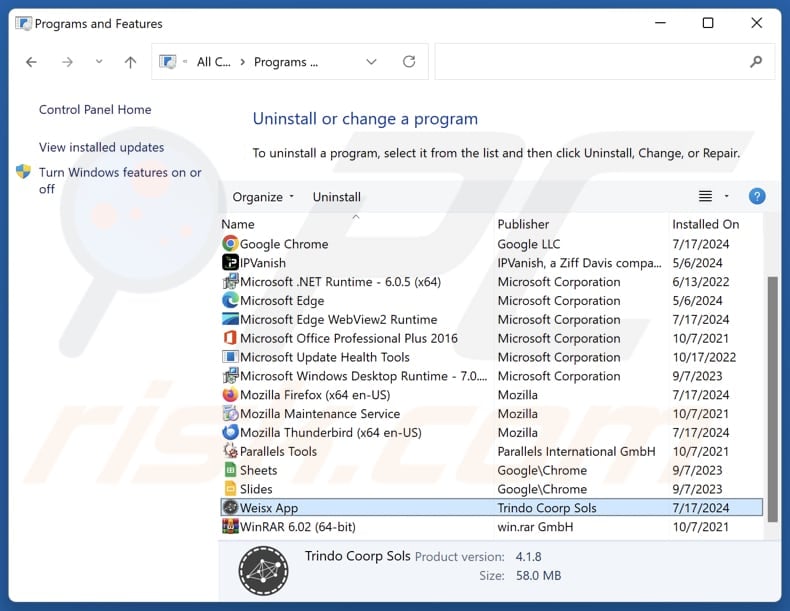 Weisx App uninstall via Control Panel