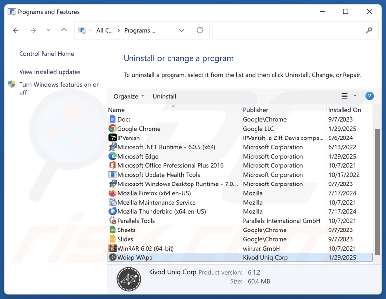 Woiap WApp uninstall via Control Panel