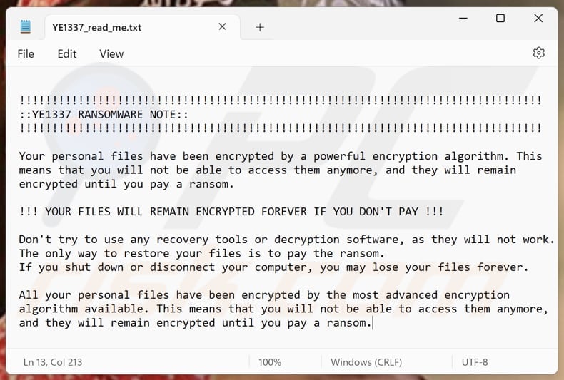 YE1337 ransomware text file (YE1337_read_me.txt)