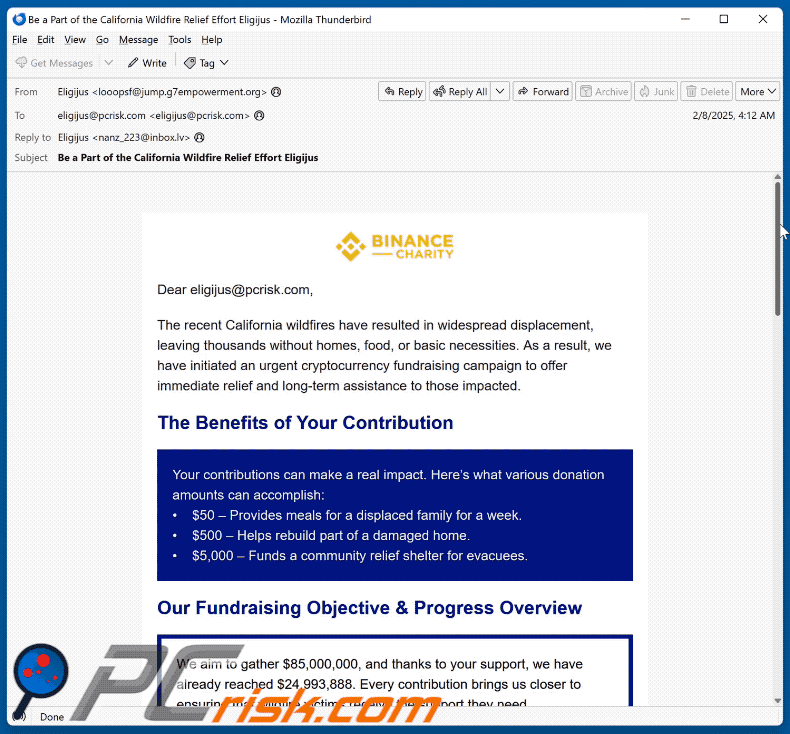 Binance Charity - California Wildfires Fundraiser Email Scam appearance