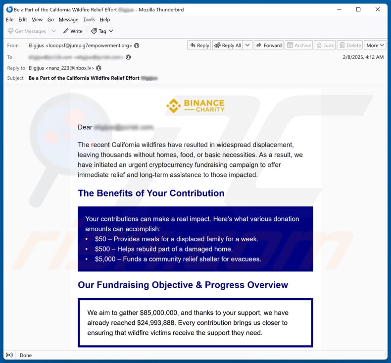 Binance Charity - California Wildfires Fundraiser email spam campaign