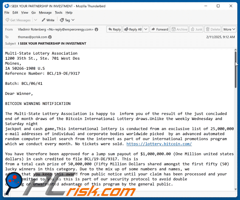 Bitcoin International Lottery Email Scam appearance