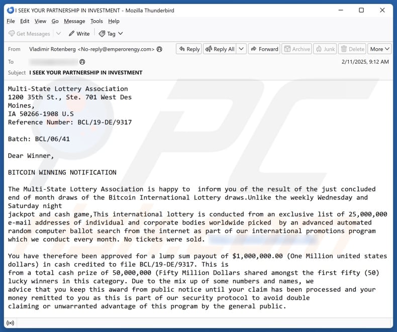 Bitcoin International Lottery email spam campaign