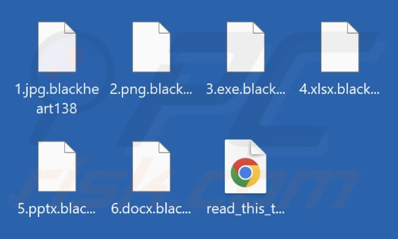 Files encrypted by BlackHeart ransomware (blackheart138 extension)