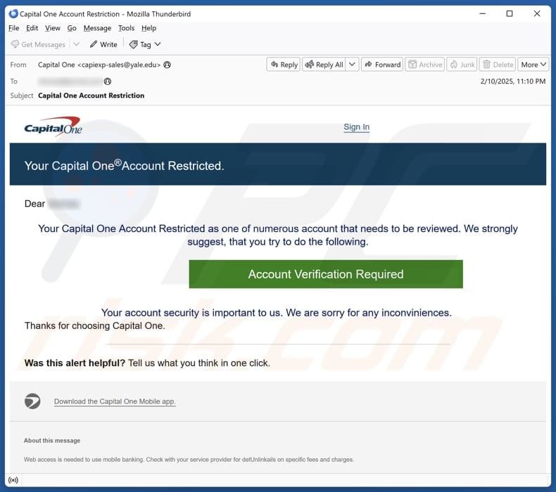 Capital One - Account Restricted email spam campaign