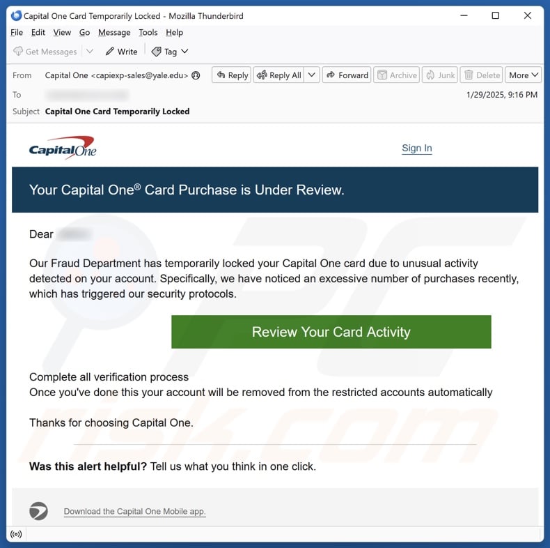 Capital One - Card Purchase Is Under Review email spam campaign