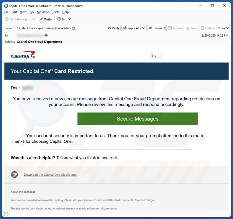 Capital One - Card Restricted email spam campaign