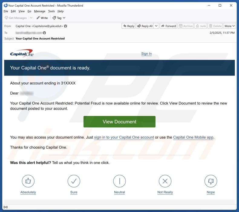 Capital One - Document Is Ready email spam campaign