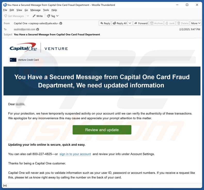 Capital One - Secured Message email spam campaign