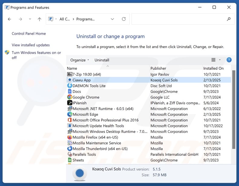 Ciawu App uninstall via Control Panel