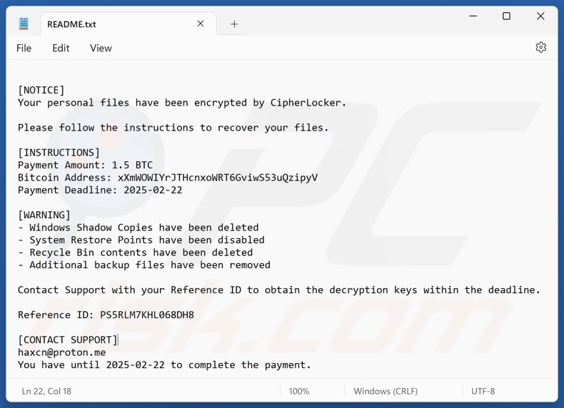 CipherLocker ransomware ransom note (README.txt)