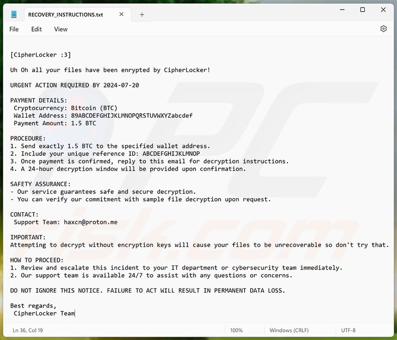 CipherLocker ransom note (RECOVERY_INSTRUCTIONS.txt)