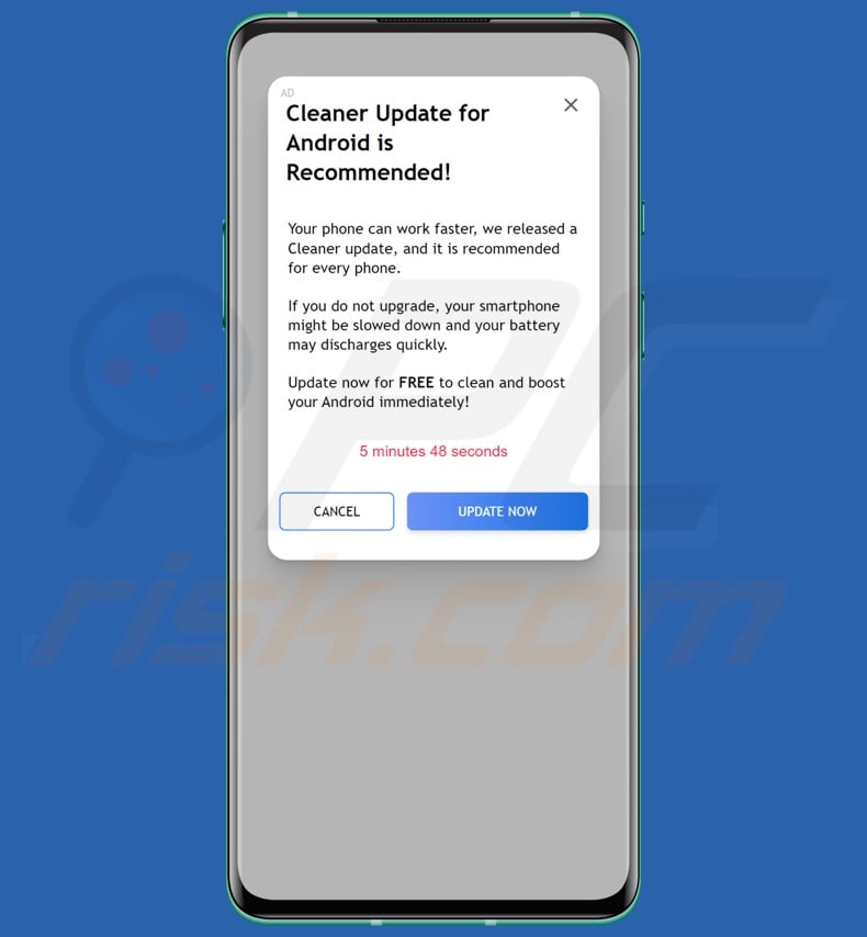 Cleaner Update For Android Is Recommended pop-up scam