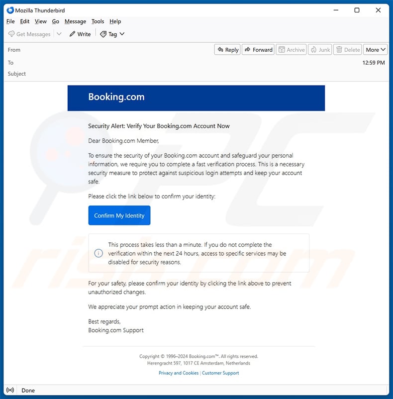 Booking.com spam email promoting ClickFix malware