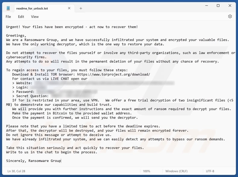 Cloak ransomware ransom note (readme_for_unlock.txt)