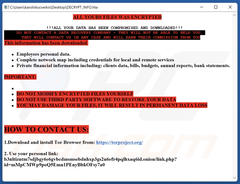 CmbLabs ransomware ransom note (DECRYPT_INFO.hta)