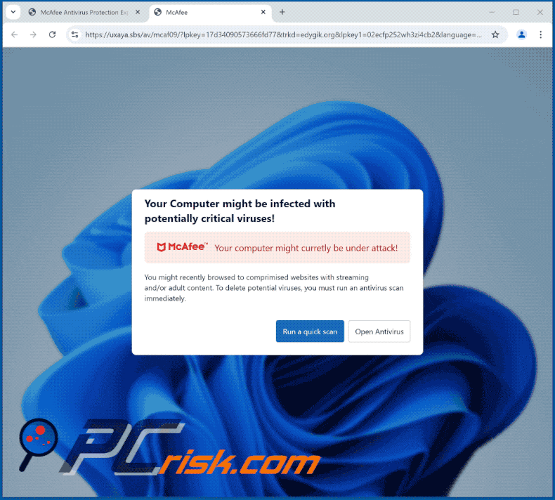 Appearance of McAfee - Computer Infected With Potentially Critical Viruses scam