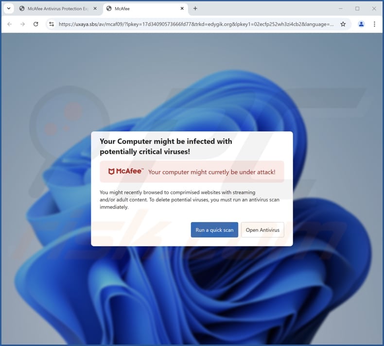 McAfee - Computer Infected With Potentially Critical Viruses scam