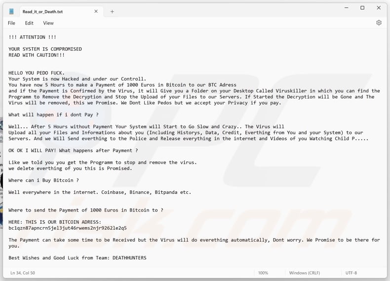 DeathHunters ransomware ransom note (Read_it_or_Death.txt)